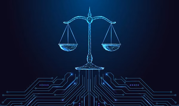 AI ethics, Legal technology and digital justice concept with glowing polygonal balance scale connected to circuit board on dark blue background. Futuristic low poly style, abstract vector illustration